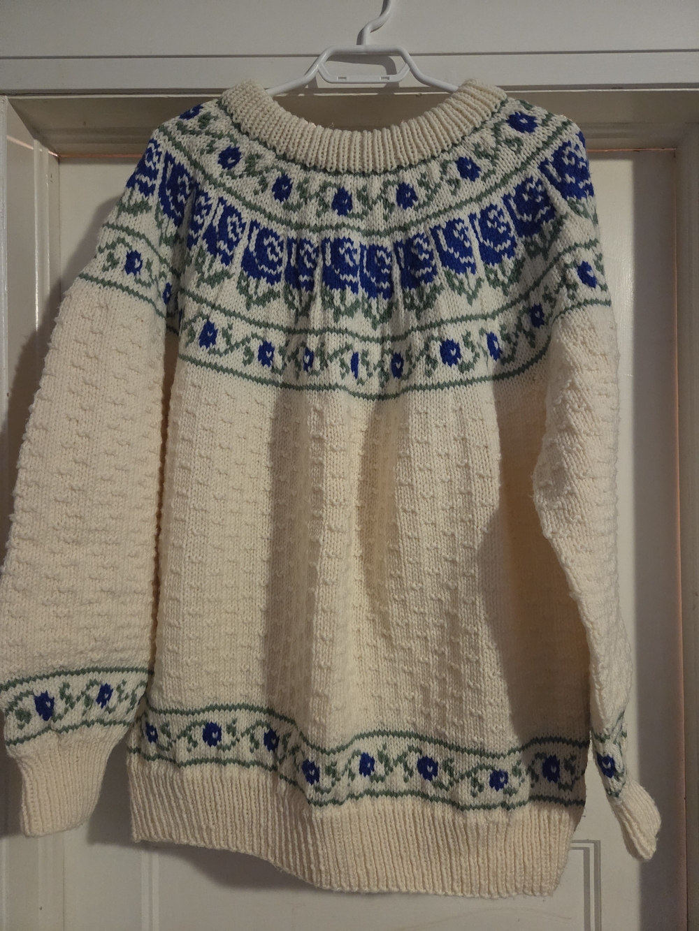 Handmade Cream Fair Isle Knit Sweater with Blue & Green Pattern